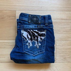 Miss Me "Zebra Hair" and Rhinestone Pocket Bootcut Jeans, Size 29